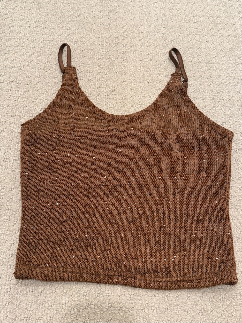 Brown Sequin Knit Cami Tank Top with Adjustable Straps